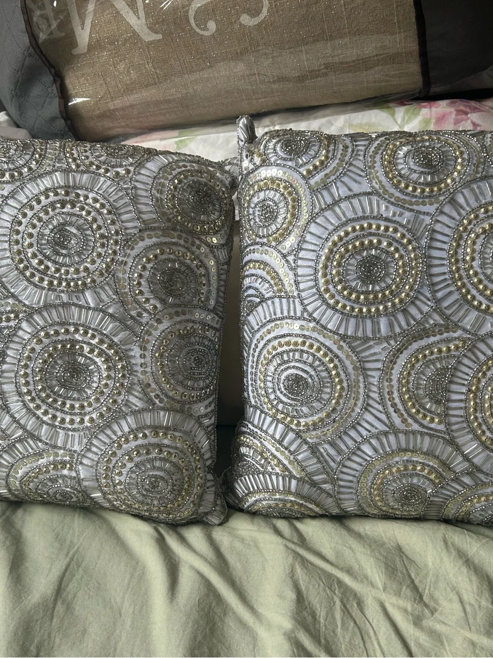 Beaded White Decorative Throw Pillow